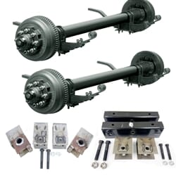 Two Dexter® 10,000 lbs. electric brake axles with a 74" track and 46" spring centers, hangers, equalizers, u-bolts, hangers, and springs without wheels and tires.