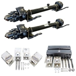 Two Dexter® 10,000 lbs. hydraulic disc brake axles with a 74" track and 46" spring centers, hangers, equalizers, u-bolts, hangers, and springs without wheels and tires.