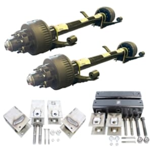 Two Dexter 12,000 lbs. electric brake trailer axles with a 74" track and 46" spring centers, hangers, equalizers, u-bolts, hangers, and springs without wheels and tires.