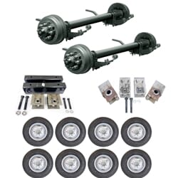 Two Dexter® 10,000 lbs. electric brake trailer axles with a 74" track and 46" spring centers, hangers, equalizers, u-bolts, hangers, and springs with eight ST23580R16E dual wheels and tires.