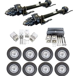 Two Dexter® 10,000 lbs. hydraulic disc brake trailer axles with a 74" track and 46" spring centers, hangers, equalizers, u-bolts, hangers, and springs with eight ST23580R16E dual wheels and tires.