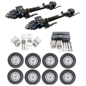 Two Dexter® 10,000 lbs. hydraulic disc brake trailer axles with a 74" track and 46" spring centers, hangers, equalizers, u-bolts, hangers, and springs with eight ST23580R16E dual wheels and tires.