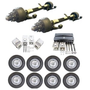 Two Dexter® 12,000 lbs. Heavy Duty Axles 74" Track 46" Spring Center Electric Brakes with Hangers, Bolts, Equalizers, Wheels & Tires ST23580R16E, and Fortress® Aluminum Oil Caps - MGRSPECIAL2E-ST235