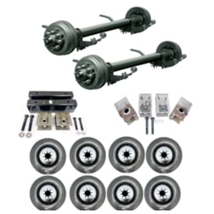 Two Dexter® 10,000 lbs. electric brake trailer axles with a 70" track and 42" spring centers, hangers, equalizers, u-bolts, hangers, and springs with eight 21575R17.5 dual wheels and tires.