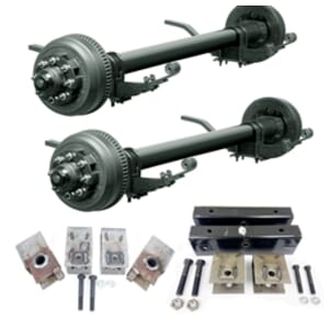 Two Dexter® 10,000 lbs. electric brake axles with a 66" track and 38" spring centers, hangers, equalizers, u-bolts, hangers, and springs without wheels and tires.
