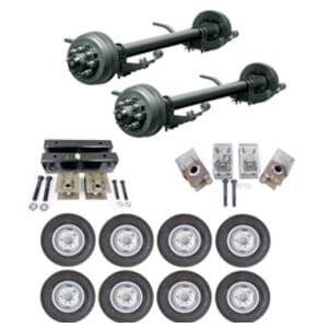 Two Dexter® 10,000 lbs. electric brake trailer axles with a 66" track and 38" spring centers, hangers, equalizers, u-bolts, hangers, and springs with eight ST23580R16E dual wheels and tires.