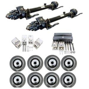 Two Dexter® 10,000 lbs. hydraulic disc brake trailer axles with a 74" track and 46" spring centers, hangers, equalizers, u-bolts, hangers, and springs with eight 21575R17.5 dual wheels and tires.
