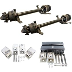 Two Dexter® 15,000 lbs. electric brake axles with a 74" track and 45" spring centers, hangers, equalizers, u-bolts, hangers, and springs without wheels and tires.