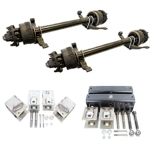 Two Dexter® 15,000 lbs. electric brake axles with a 74" track and 45" spring centers, hangers, equalizers, u-bolts, hangers, and springs without wheels and tires.