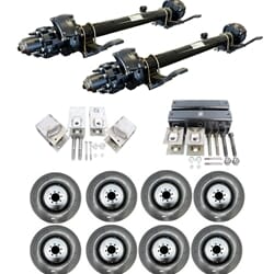 Two Dexter® 10,000 lbs. hydraulic disc brake trailer axles with a 74" track and 46" spring centers, hangers, equalizers, u-bolts, hangers, and springs with eight 23575R17.5 dual wheels and tires.