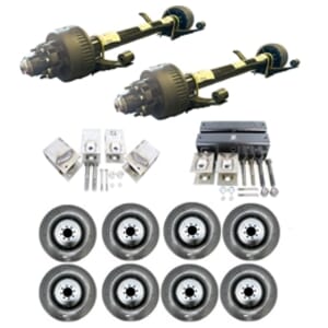 Two Dexter® 12,000 lbs. Heavy Duty Axles 74" Track 46" Spring Center Electric Brakes with Hangers, Bolts, Equalizers, Wheels & Tires 23575R17.5, and Fortress® Aluminum Oil Caps - MGRSPECIAL2E-175-235