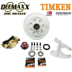 DeeMaxx® 8,000 lbs. Disc Brake Kit with 9/16" Studs for One Wheel with Gold Zinc Caliper, Timken® Bearings, and Dexter® Fortress® Aluminum Oil Cap - DM8KGOLD916-F-TK